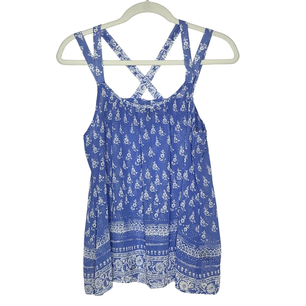 Express Women's Blue and White Patterned Strappy Flowy Top Criss Cross Back M